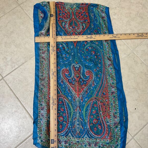 Vintage 100% Silk Scarf Shawl Head Wrap Blue approx. 70x18” - Picture 7 of 9